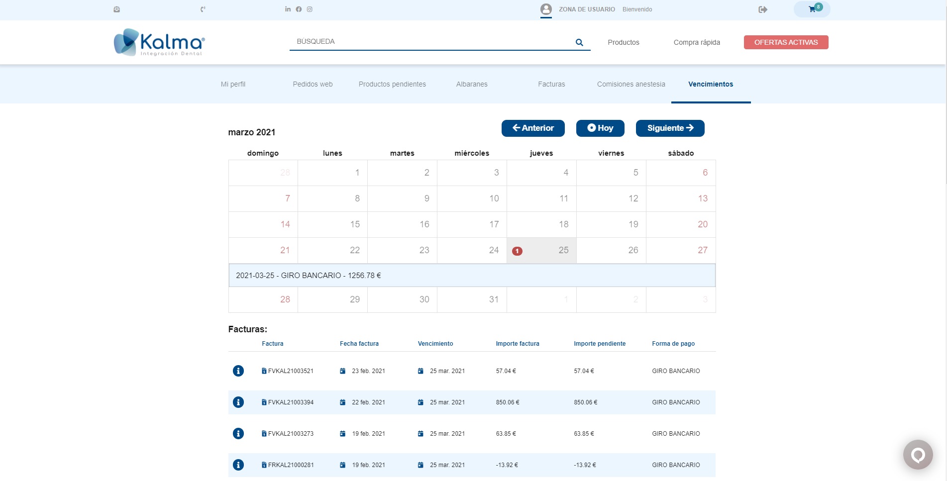 User account page, bank remittances